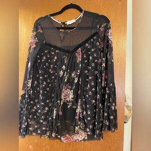 Altar'd State Black Floral Mesh Yoke Bell Sleeve Blouse